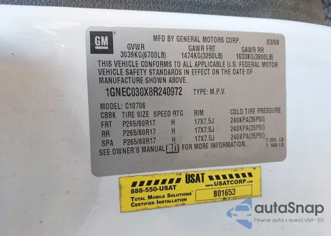 2008 Chevrolet Tahoe Police z USA, uszkodzony, nr VIN 1GNEC030X8R240972
